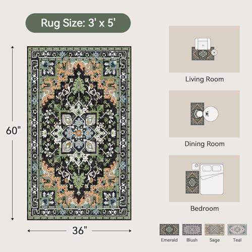 Lofus 3x5 Area Rugs for Living Room, Machine Washable Area Rug, Soft Small Rugs for Bedroom, Kitchen, Office and Indoor, Vintage Boho Carpet, Non-Slip Low Pile Carpets, Dark Green