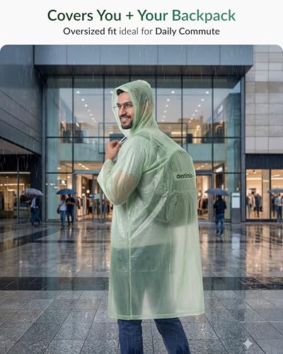 Image of Destinio Poncho for Men, Poncho for Women-Thick Waterproof PVC, Rain Coat, Reusable - Transparent Pocket Raincoat with Hood, Full Cover for Bag in Travel, Trekking, Bike Riders