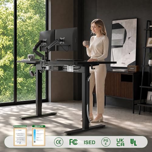 Image of FEZIBO Electric Standing Desk with L-Shaped Crossbar & Cable Management System, 48 x 24 Inches Sit Stand up Desk, Adjustable Height Standing Desk for Home Office, Black