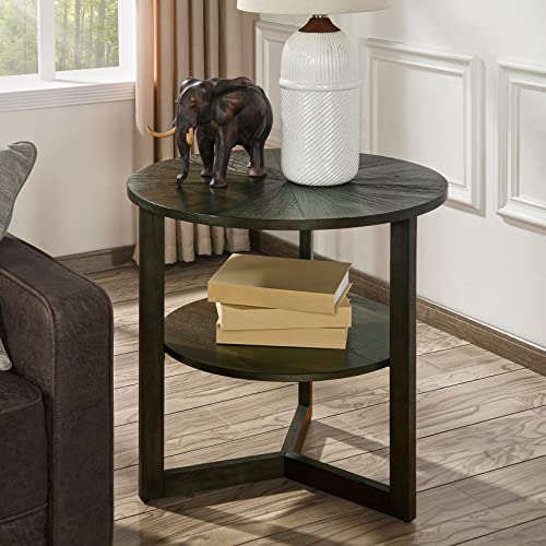 Large Round End Table with Storage Shelf, Rustic Beside Tables with Umbrella Top,Traditional Circular Sofa Side Table, 25.2”D Telephone Table for Living Room Easy Assembly Brushed Black CJZ3338BK