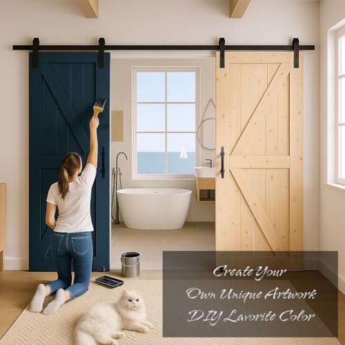 S&Z TOPHAND® 28in x 84in Double Unfinished British Brace Barn Door with 10FT Sliding Hardware Kit/Solid Wood/Double Surfaces/Simple Assembly is Required