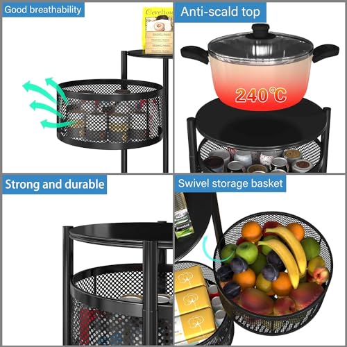 Image of Fun Homes 2 Layer Round Metal Vegetable Rack for Kitchen | Rotating Fruits & Pantry Items Stand | Multipurpose Kitchen Mesh Trolley Storage Rack with Wheels for Home | Onion-Potato Stand | Black