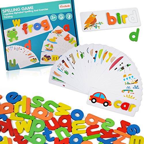 ABC Alphabet Puzzles for Kids 3-5 Years Old - Words Spelling Sorting& Stacking Toys for Preschool Toddlers - Vocabulary Learning Sight Words for Early Education (52 Letter Blocks + 28 Flashcards)