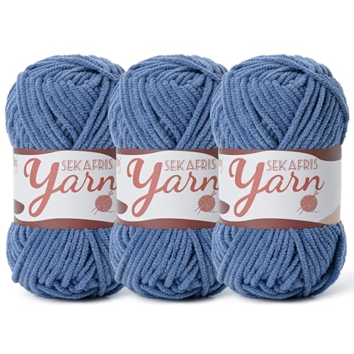Image of 3 Pack Fluffy Velvet Yarn for Crocheting，Baby Blanket Yarn for Crocheting Soft，150g(196.8yds) Amigurumi Plush Chenille Crochet Yarns，Puzzle Yarns for Crochet Weaving Craft（3 Navy Blue）