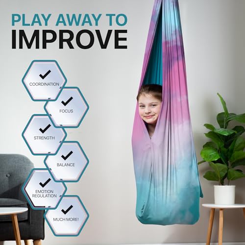 Image of Indoor Sensory Swing for Kids or Outdoor - Holds 300lbs, Double-Layer, & 360 Swivel, Calming Compression Therapy Swing Hammock for Kids & Adults with All Hardware - Sensory-Motor Toys & Gifts