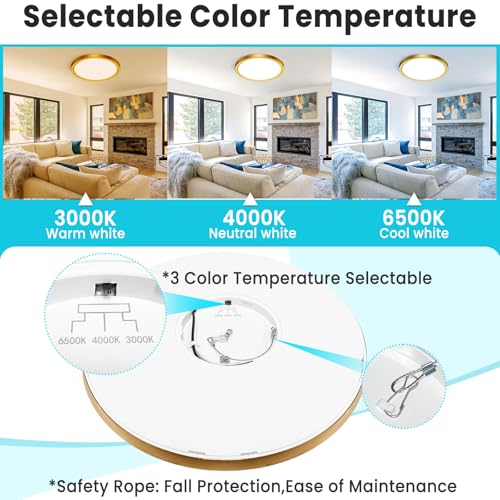 Image of libtit 16Inch Flush Mount LED Ceiling Light Fixture, 3000K 4000K 6500K Adjustable, 36W 3600lm Gold Satin Round Ceiling Lamp for Bathroom Shower Hallway Kitchen, 2 Pack