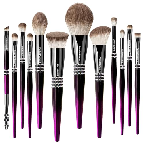 Bueart Design 12PCS Ultra Soft Hair Charming Makeup Brushes Set with face foundation essential brush set Flat top brush Bling Rhinestone (Black Purplish Red)