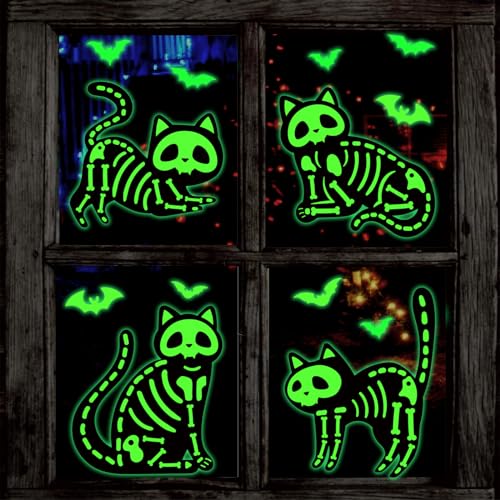 JarThenaAMCS Glow in The Dark Halloween Window Clings Black Skeleton Cat Reusable Window Decals for Haunted Party Home School Office Decor