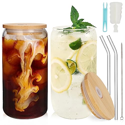 UHAPEER 2 Pack Can Shaped Glass Cup with Bamboo Lids & Glass Straw, 19oz/550ml Drinking Glasses Cup
