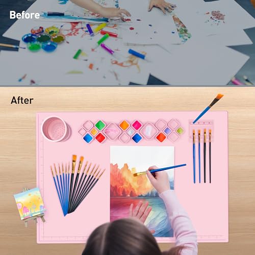 Image of FINFINLIFE XL Silicone Paint Mat for Kid, 24 inchx16 inch Painting Station for Gift, Silicone Art Mat for Crafts with Paint Brush Cleaner Tray Palettes, Painting Brushes Mini Canvas Easel (Pink)