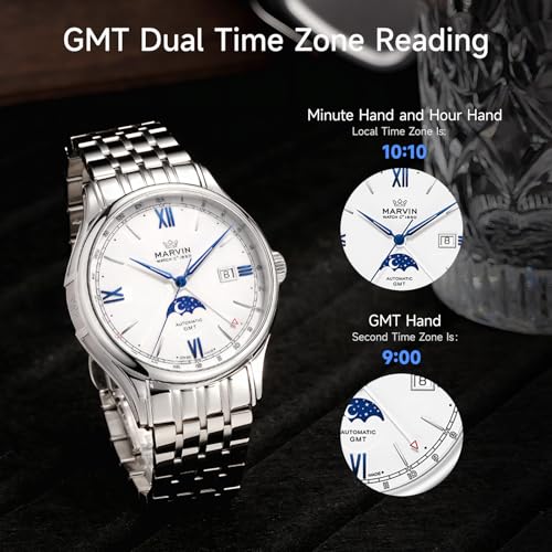 marvin Automatic GMT Men's Watch Swiss Movement Mechanical Luxury Watches for Men with Stainless Steel Strap,Sapphire Glass Dial,Luminous Hands and Hour Markers,50m Waterproof3