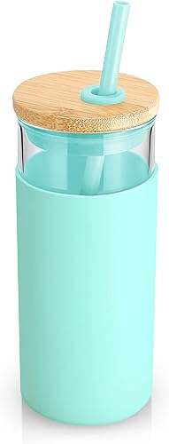 Miniatura 76 de Tronco - Vaso de vidrio de 20 onzas con tapa de bambú y pajilla, vaso para licuado de frutas con funda de silicona, sin bisfenol A, apto para
