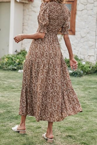 BTFBM Women Casual Summer Dresses 2025 Spring Crew Neck Ruffle Short Sleeve Floral Print Smocked Boho Flowy Maxi Dress4