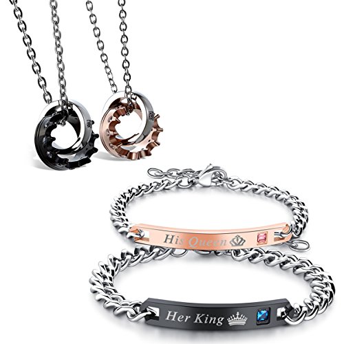 Flongo Paar-Schmuckset Partner Armbänder + Partner Halsketten Paar Geschenke Edelstahl-Halskette und -Armband mit Gravur Halskette mit Ring Geschenke für Jahrestage Valentinstage Geburtstage