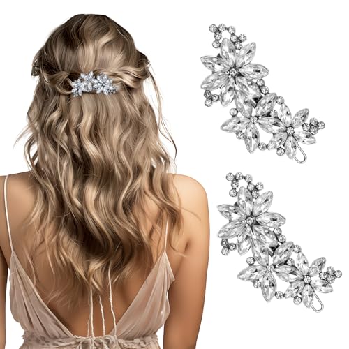 MBAIYO 2Pcs Crystal Flower Hair Clips, Silver Rhinestone Hair Pins