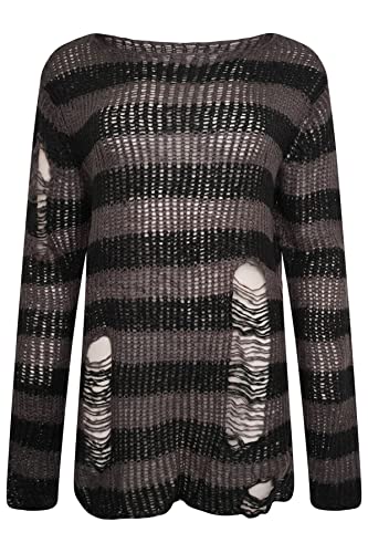 Image of Ro Rox Gothic Knitted Jumper with Distressed Look - Oversized Pullover Ripped Design, Loose Fit, 90s Grunge Stripe Pattern
