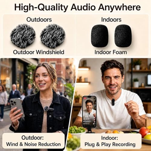Image of Wireless Lavalier Microphone for iPhone Android, 2Pcs Mini Mic, Plug & Play