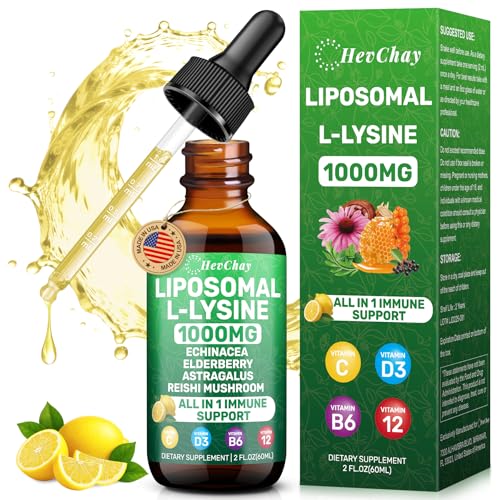 Liposomal L-lysine 1000MG Liquid Drops, L-Lysine Supplements for Kids and Adults, All-in-1 Essential Amino Acid with Vitamin C, B6, D3, B12 & Zinc for Collagen, Lip, skin & Immune Support, 1 Pack