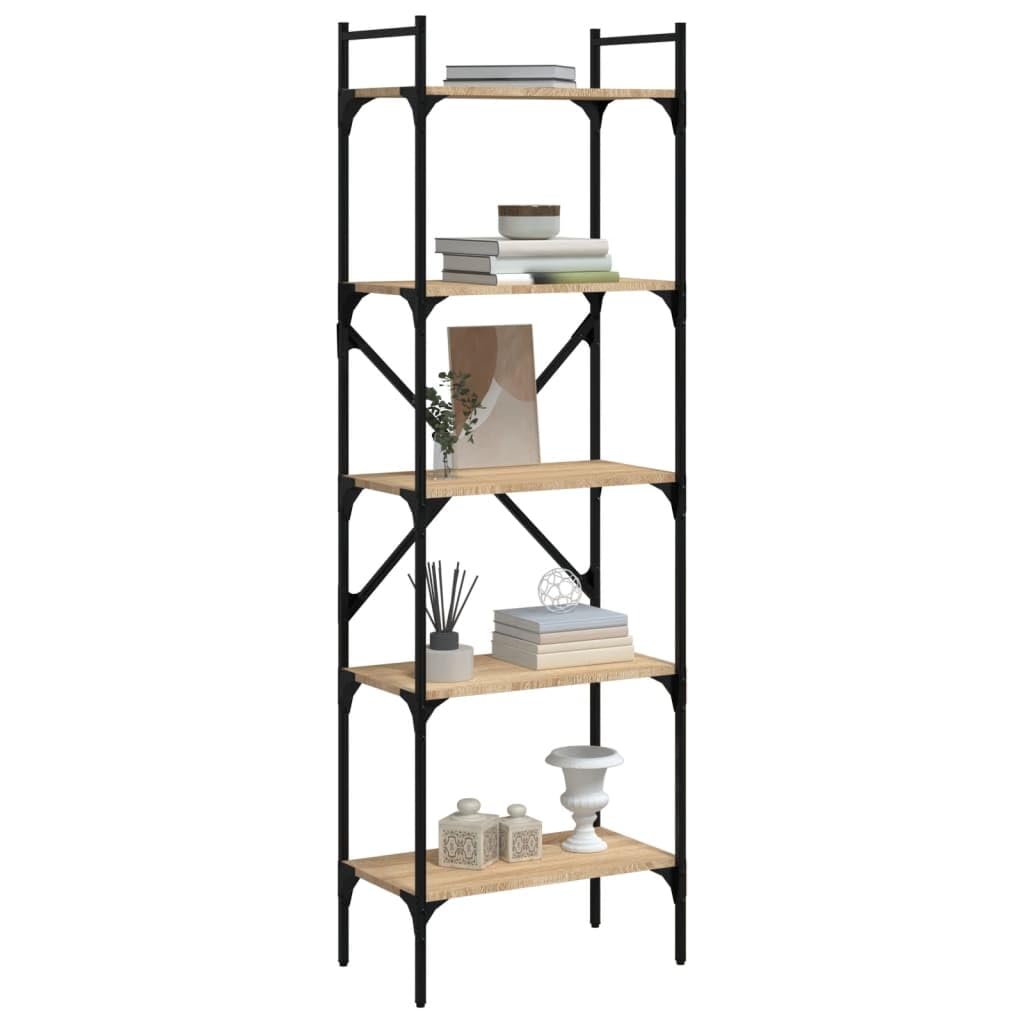 Bücherregal mit Metallrahmen, 5 Fächer, 56x31,5x174 cm, Standregal aus Holzwerkstoff in Sonoma-Eiche, viel Stauraum für Bücher und Dekoration, pflegeleicht mit feuchtem Tuch,
