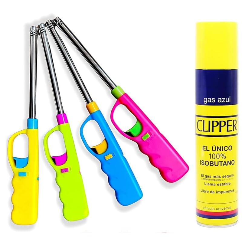 Clipper 4 Mecheros Largos Cocina Barbacoa + 1 Botella Gas 300 ml – Seguro y Ergonómico para Cocina, Velas, Parrilla y BBQ | UBOON.