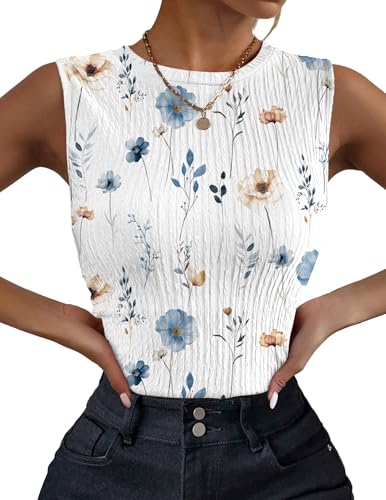 Zeagoo Spring Tops for Women Floral Tank Tops High Neck Casual Basic Textured Sleeveless Shirts