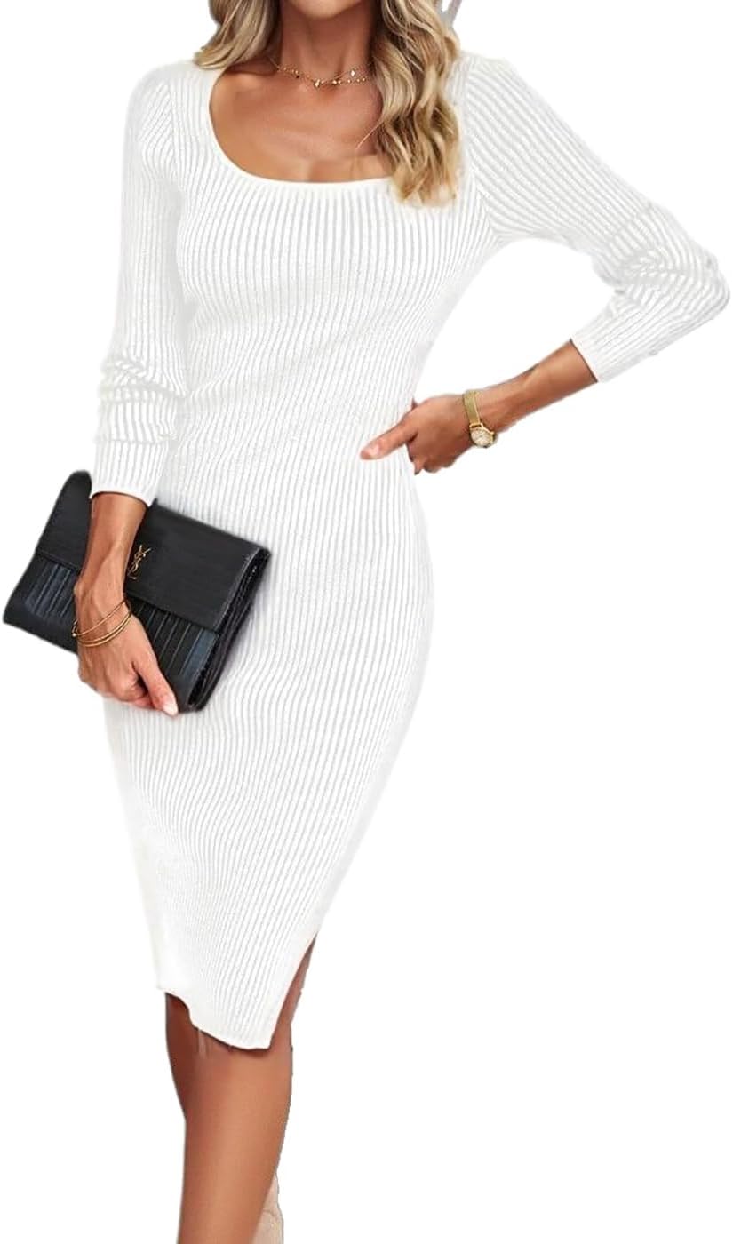 LalaLin Women's Long Sleeve Bodycon Dress Slit Side Ribbed Sweater 2025 Fall Slim Fit Midi Dresses Formal Evening Party