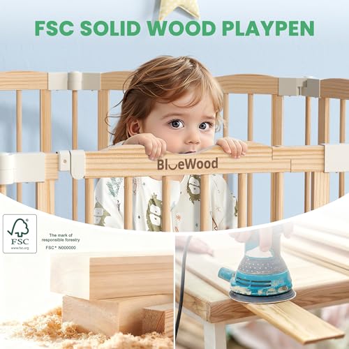 Image of Foldable Wooden Playpen - Adjustable Wood Baby Play Yard with Door, Indoor Large Safety Fence for Babies and Toddlers - Easy Assembly, Natural, 79 x 53 x 24 inches