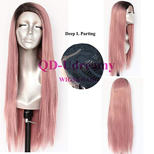QD-Udreamy Dark Roots Ombre Pink Lace Front Wigs High Density Deep L Part Natural Straight Heat Resistant Synthetic Wigs for Women Makeup