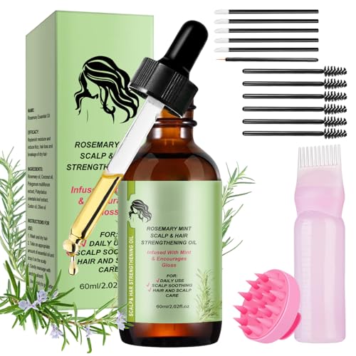 Aceite de Romero Para el Cabello con Masaje de Cuero Cabelludo, 60 ml, Natural Rosemary Oil, Aceite Crecimiento Cabello Para Mujeres y Hombres, Nutre el Cuero Cabelludo