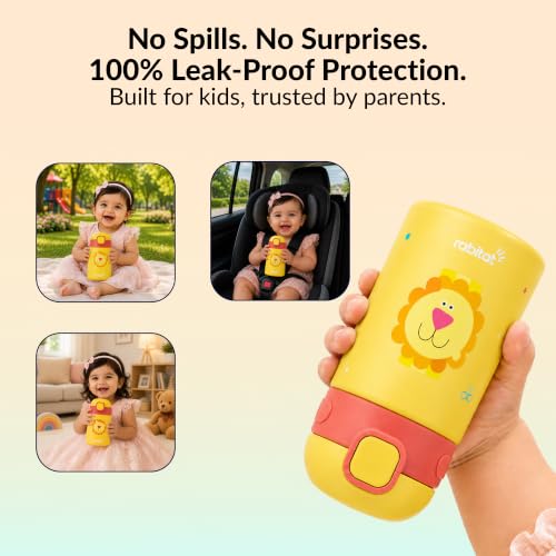 Image of rabitat Milo Stainless Steel Water Bottle 350ml | 2 Year Brand Warranty | BPA Free | Leakproof Steel Sipper Bottle for Kids | Flip Lock Lid with Straw | Easy Carry Handle | Sunny Roar