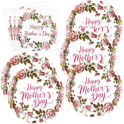 PUEVENYI 50PCS Happy Mothers Day Paper Plates and Napkins - Pink Floral Dessert Plates and Napkins Disposable Best Mom Ever Theme Supplie for Mothers Day Birthday Party Decorations