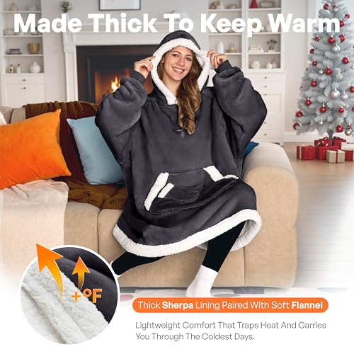 Giggling Getup Wearable Blanket Hoodie for Women Men Gifts for Women Mom Wife Sherpa Fleece Hooded Blanket Sweatshirt Warm Cozy Sherpa Wearable Throw with Pocket & Sleeves for Adult Standard Dark Gray