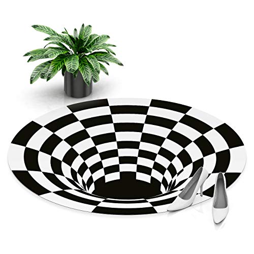 DON LETRA Alfombra Vinílica Redonda de Ilusión Óptica 3D - Blanco y Negro - 120 x 120 x 0.2 cm - Alfombra para Salón, Dormitorio, Cocina, Baño, Oficina - Impermeable y Lavable, ALV-025