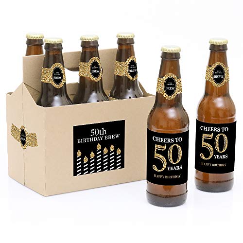 Adult 50th Birthday - Gold - Birthday Party Decorations for Women and Men - 6 Beer Bottle Label Stickers and 1 Carrier
