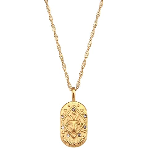 Gold Zodiac Sign Tarot Card Dog Tag Charm Necklace 18K Gold Plated Retro 12 Constel...