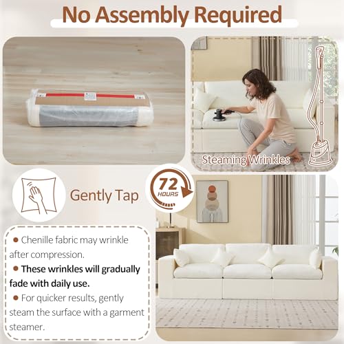 Image of 115''Cloud Boneless Sectional Couch, Modular Sectional Sofa Deep Seat, Oversized Upholstered Convertible Comfy 3 Seater Chenille Memory Foam Sofa Couches for Living Room, Beige