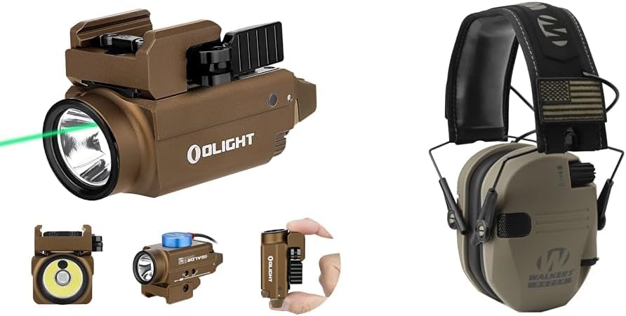 OLIGHT Baldr S 800 Lumens Compact Rail Mount Weaponlight with Green Beam & Walker's Razor Slim Folding Electronic Ear Protection with Sound Activated 23dB Noise Reduction