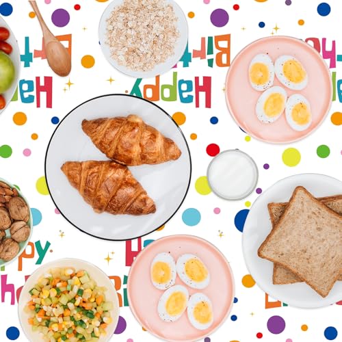 Image of 2 Pack Happy Birthday Tablecloth Party Decorations, 54X108inch Disposable Rectangle Colorful Polka Dots Table Cloths Waterproof Plastic Table Cover for Girls Boys Kids Birthday Supplies