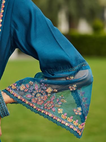 Image of INDO ERA Women's Silk Blend Embroidered Straight Kurta Pant with Dupatta (Ieout6967)