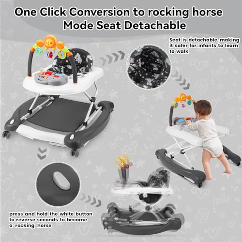Image of Baby Walker, 5 in 1 Baby Walkers for Boys Girls 6-12 Months, Foldable Walkers for Babies with Bouncer & Feeding Tray, Music, Adjustable Heights, Activity Walker for Infant