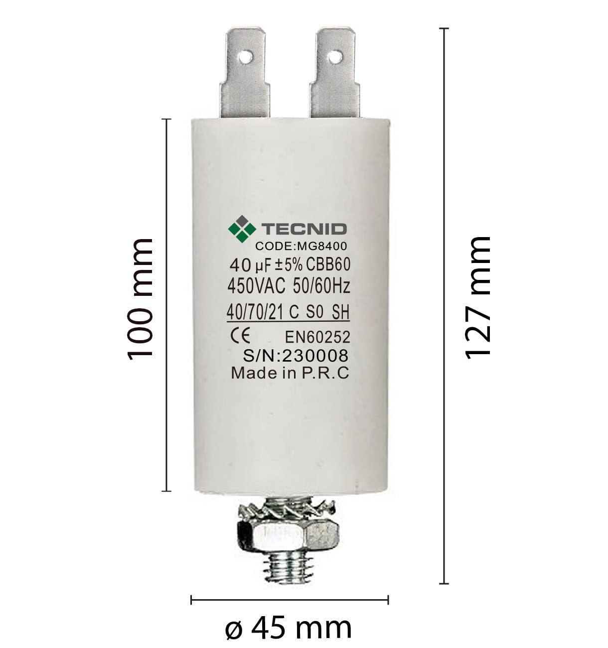 Condensatore di Spunto 40µF 450V 4 Pin M8 per Motori Elettrici Pompe Compressori