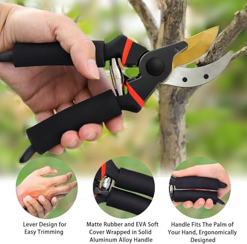 Image of 8-Inch Professional Bypass Pruning Shears - Titanium Coated SK5 Steel Secateurs with Soft Foam Cushion Grip - Heavy Duty Garden Scissors & Plant Cutter for Branches, Stems & Roses