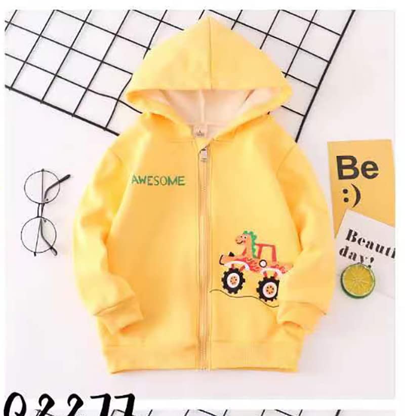 Bold N Elegant Kids Winter Warm Fleece Awesome Dinosaur Print Front Open Zipper Hoodie Regular Fit Sweatshirt for Infant Toddler Baby Boys & Girls (2-3 Years, Yellow) 4