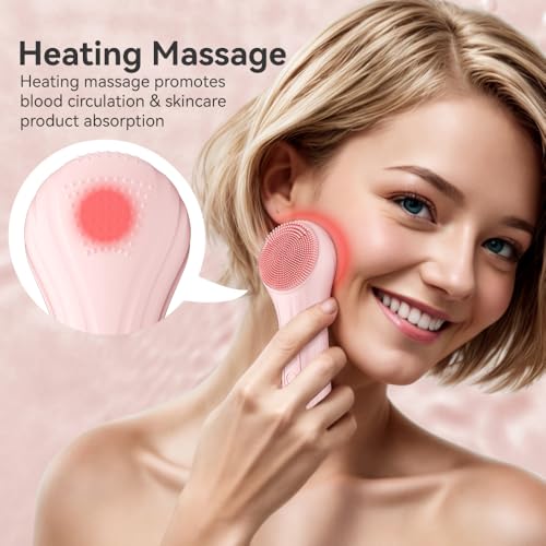 Silicone Face Scrubber, Facial Cleansing Brush with Heating and Vibration, Electric Waterproof Face Wash Brush with 5 Strength Adjustable for Exfoliating, Deep Cleaning, and Face Massaging (Pink) - Image 6