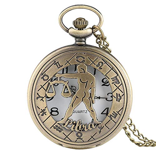 Preisvergleich Produktbild DFGHJK Taschenuhr Halskette 12 Constellation Astrology Zodiac Retro Uhren Bronze Halskette Anhänger Herren Frauen Hohl Flip Cover Quarz Waage