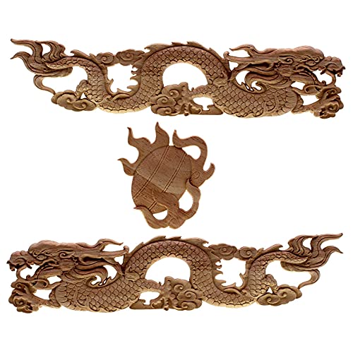FTYYSWL Chinesischer Drache aus Holz, lange Blumen-Schnitzerei, Dekoration, Zubehör, Tür, Schrank, Möbel, Figuren, 53 x 12 cm Cover