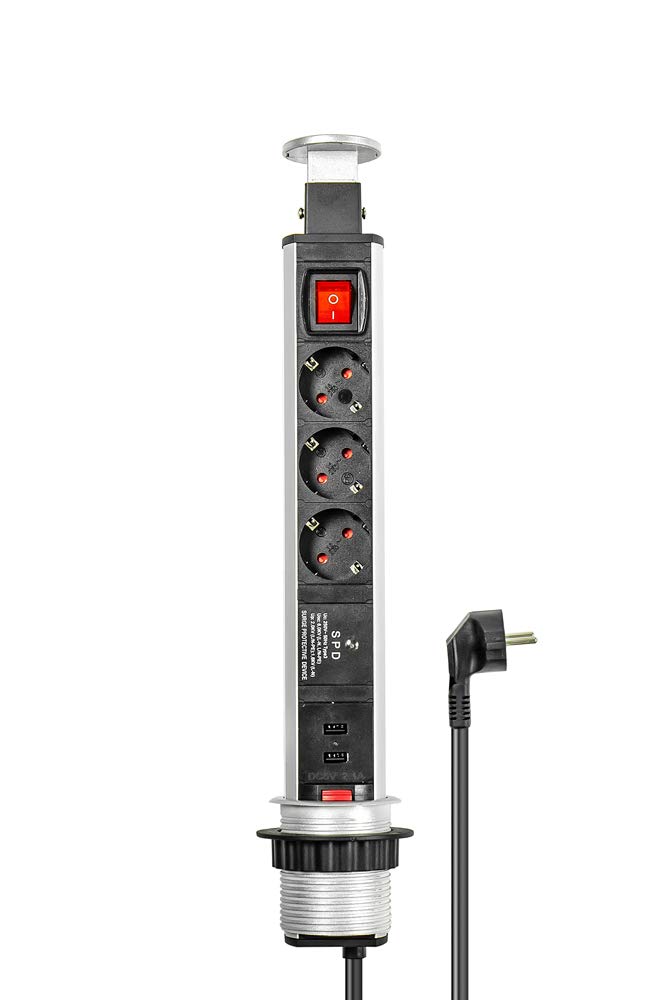Good Connections Listwa zasilająca 3 + 2, chowana listwa zasilająca, przełącznik, profil aluminiowy, 3 x styk ochronny, 2 x USB, ÜSS/SPD, PT060-0103, 1 sztuka