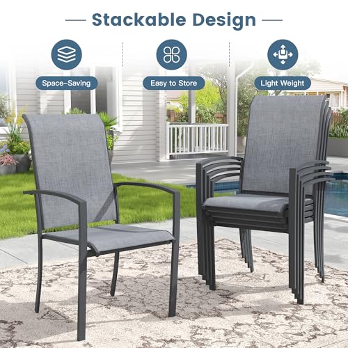 Image of DIFY Patio Chairs Set of 4, Stackable Outdoor Dining Chairs with High Back & Metal Frame, All Weather Breathable Textilene Fabric Outdoor Chairs Set for Backyard Garden Deck, Grey