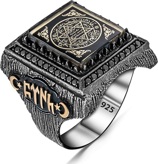 Anillo de sello de los siete arcángeles para hombre, sello de Salomón, cábala, plata de ley 925, circonita cúbica negra, triángulo, estrella de David, anillo de amuleto de protección para