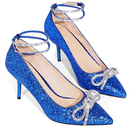 Perphy Rhinestone Bow Glitter Pointed Toe Stiletto Heel Pumps for Women